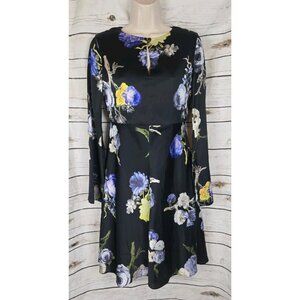 Acne Studios Dahari Black Floral Dress EU 32 US 0 Satin Fit & Flare Flare Sleeve
